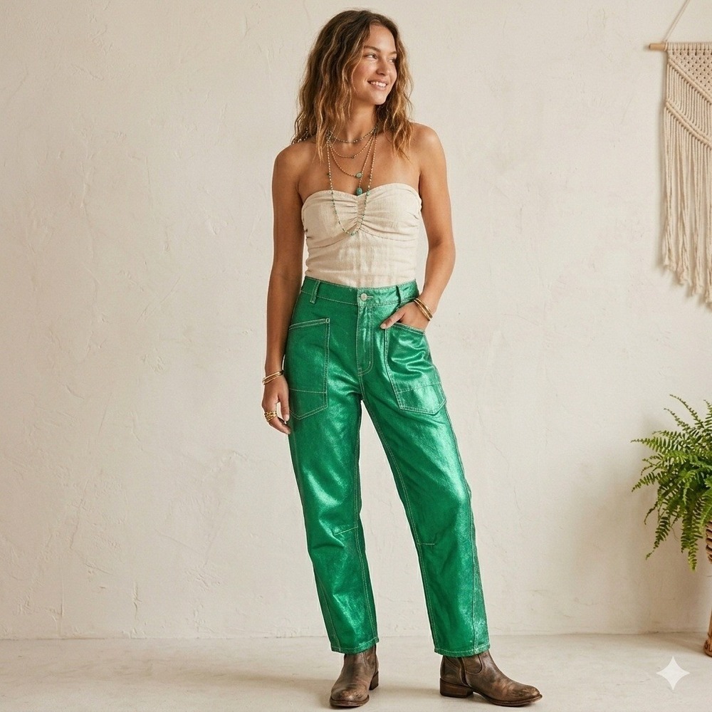 New We The Free Jeans Barrel Moxie 34x26 Metallic Green Low Slung Horseshoe NWOT